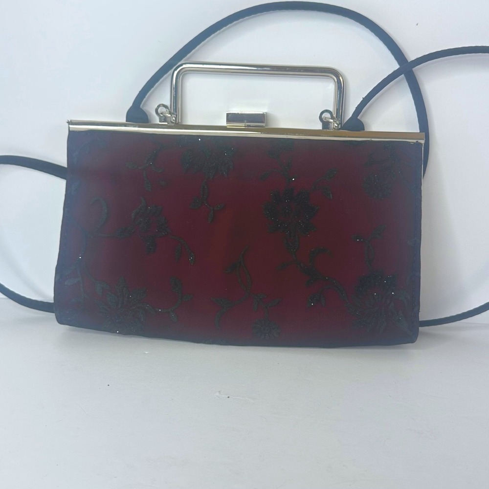 Liz Claiborne Burgundy Velvet Floral Glitter Evening Clutch Crossbody Bag